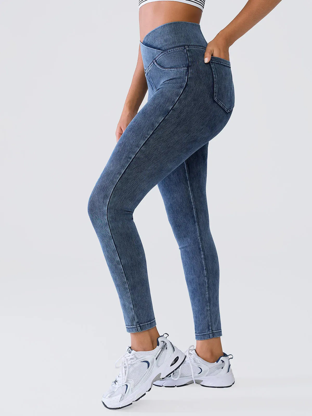Crossover Denim Side Pockets Sculpting Leggings