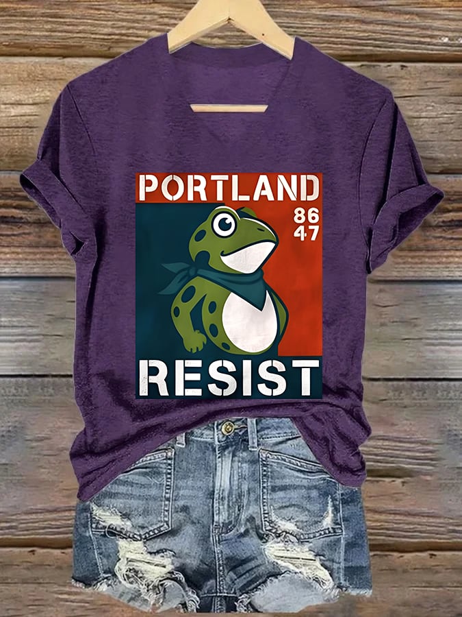 V-neck Women's  Portland Frog 8647 resist Print T-Shirt