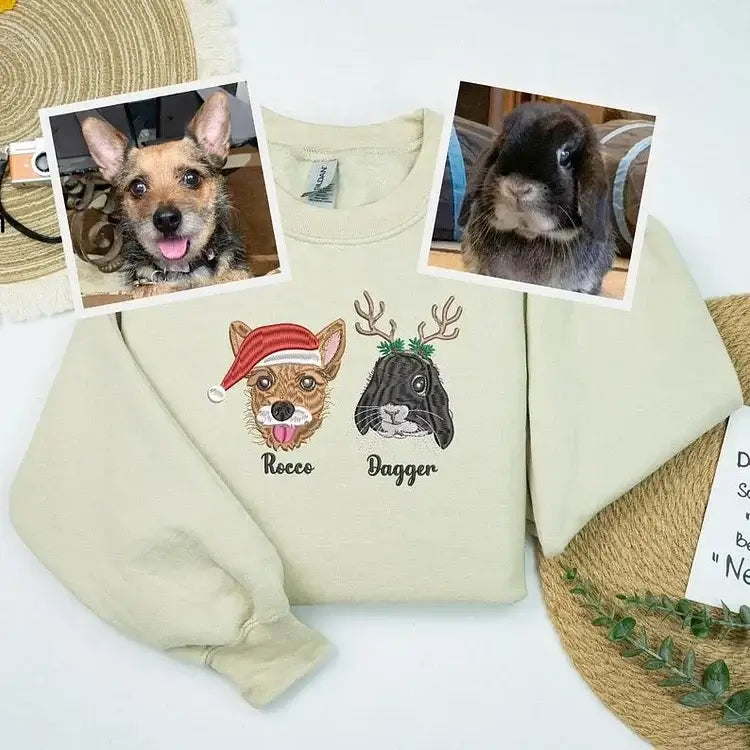 Sweat-shirt de Noël brodé personnalisé avec portrait d'animal de compagnie 