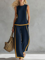 Women's Round Neck Sleeveless Casual Loose Top And High-waisted Loose Wide-leg Pants Cotton And Linen Set.
